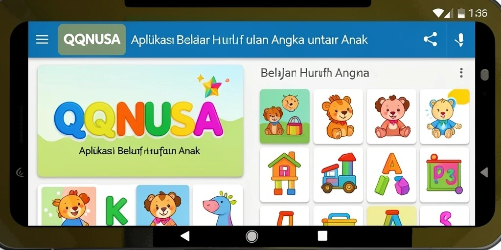 Antarmuka interaktif aplikasi QQNUSA yang menyenangkan untuk anak-anak.