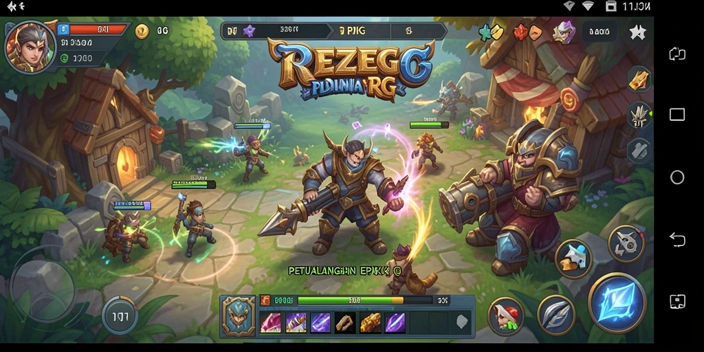 Antarmuka permainan RPG REZEGO dengan grafis yang memukau.