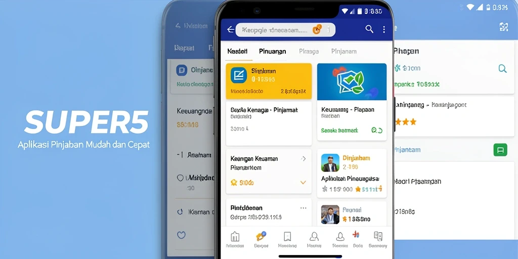 Tampilan utama aplikasi SUPER5 dengan fungsi Pinjaman yang mudah diakses.